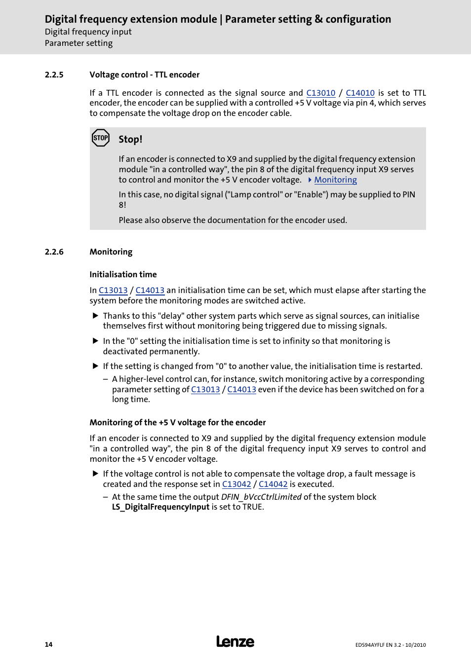 5 voltage control - ttl encoder, 6 monitoring | Lenze E94AYFLF Digital frequency module User Manual | Page 14 / 54