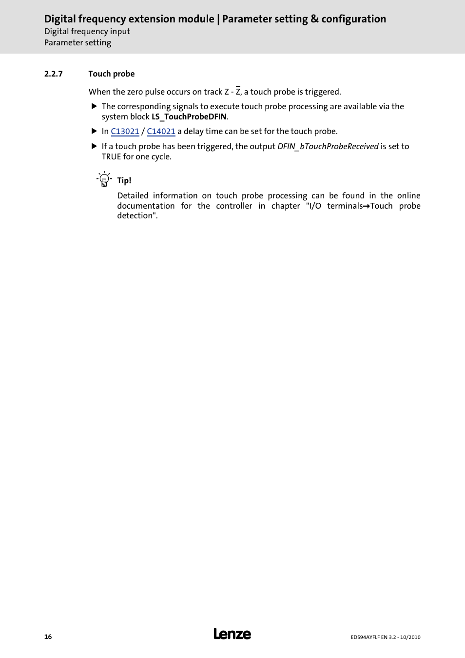 7 touch probe | Lenze E94AYFLF Digital frequency module User Manual | Page 16 / 54