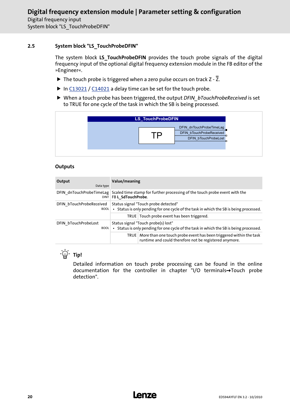 5 system block "ls_touchprobedfin | Lenze E94AYFLF Digital frequency module User Manual | Page 20 / 54