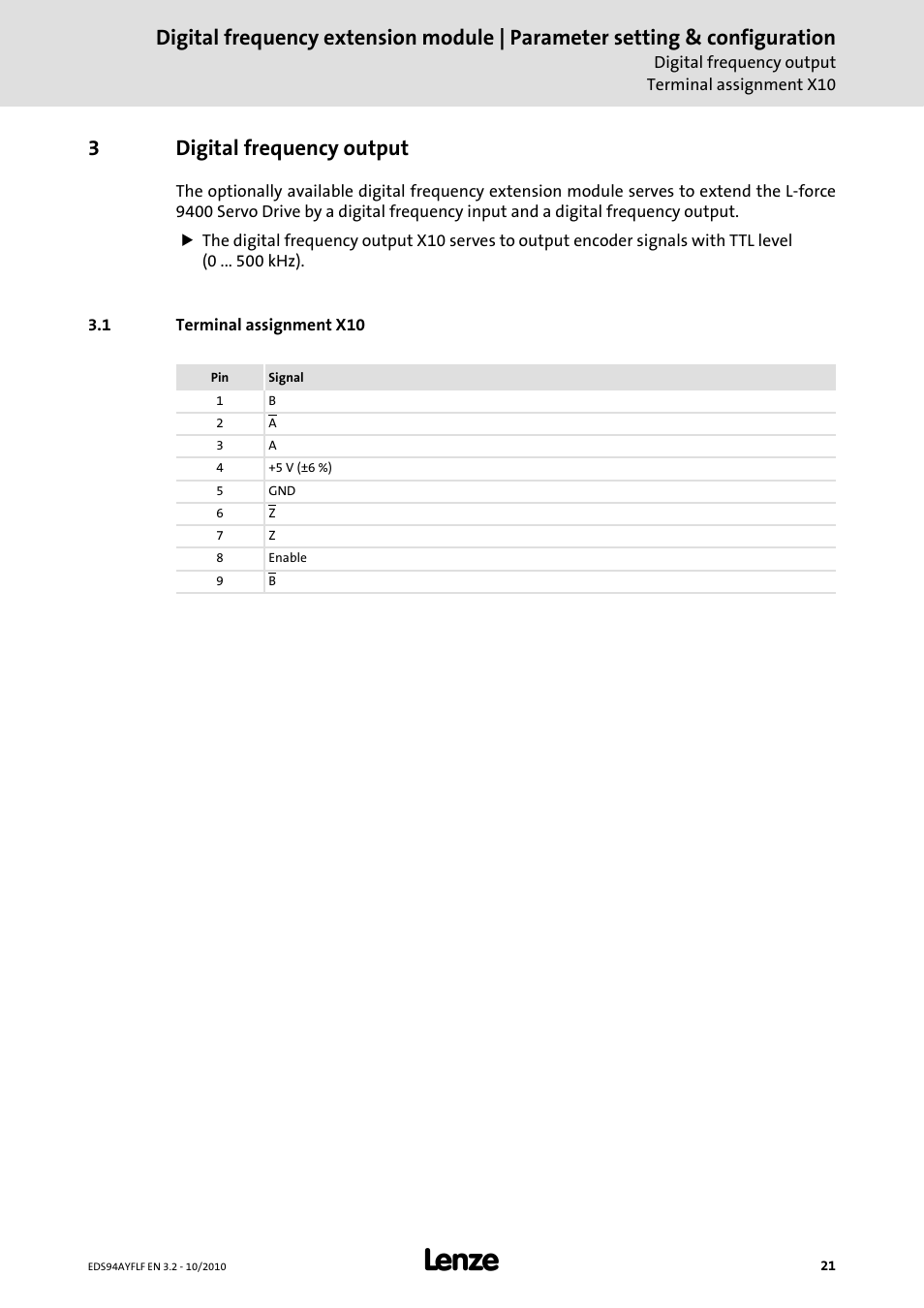 3 digital frequency output, 1 terminal assignment x10, Digital frequency output | 3digital frequency output | Lenze E94AYFLF Digital frequency module User Manual | Page 21 / 54