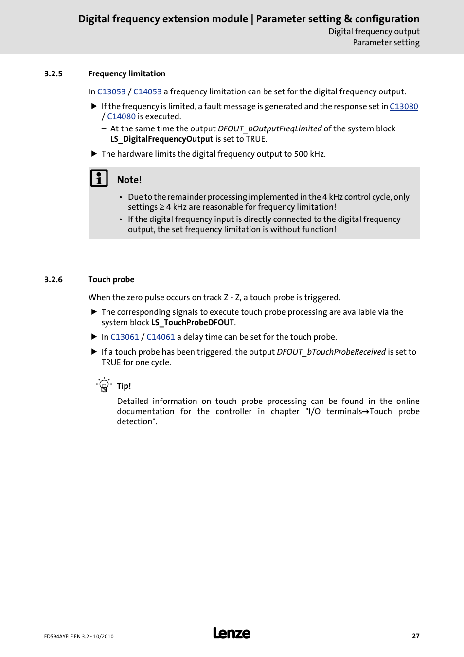 5 frequency limitation, 6 touch probe | Lenze E94AYFLF Digital frequency module User Manual | Page 27 / 54