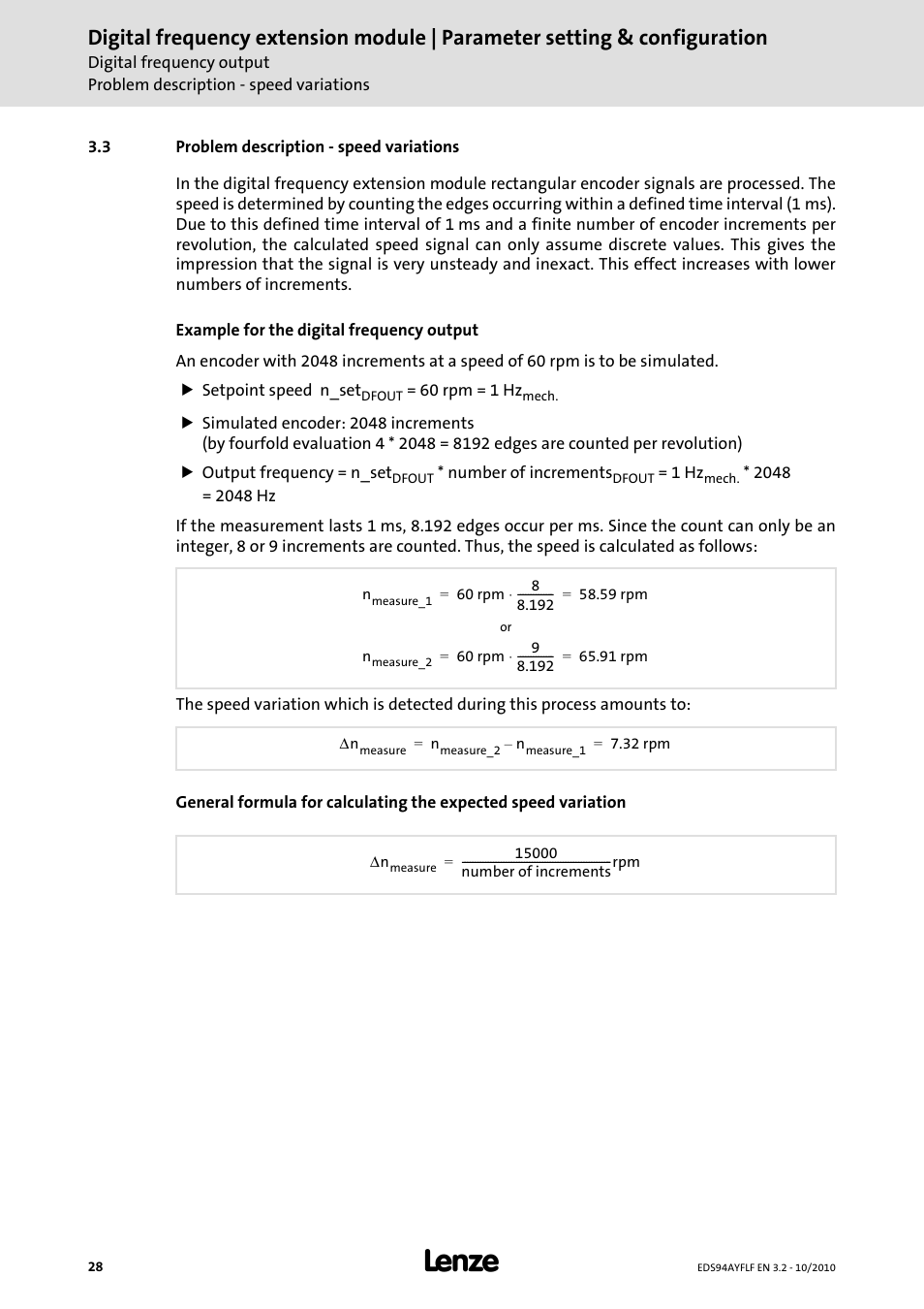 3 problem description - speed variations, Frequency output, Problem description - speed variations | Lenze E94AYFLF Digital frequency module User Manual | Page 28 / 54