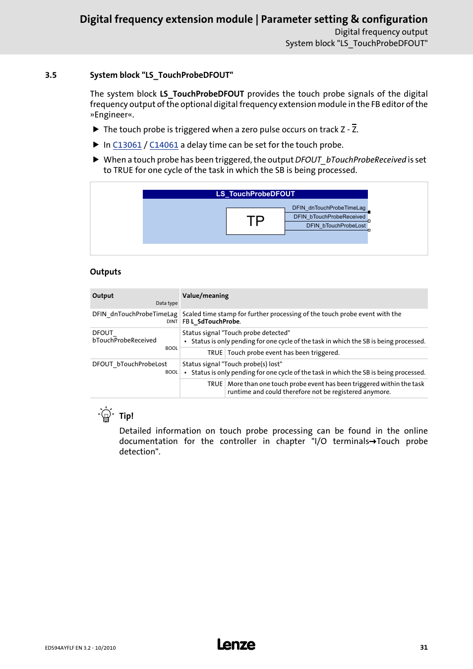 5 system block "ls_touchprobedfout | Lenze E94AYFLF Digital frequency module User Manual | Page 31 / 54