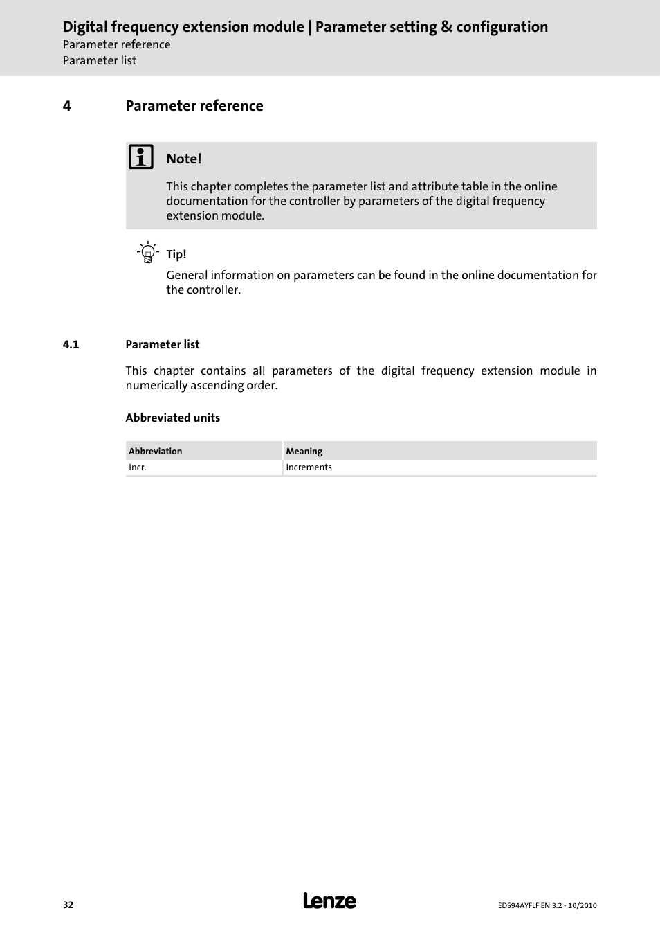 4 parameter reference, 1 parameter list, Parameter reference | Lenze E94AYFLF Digital frequency module User Manual | Page 32 / 54
