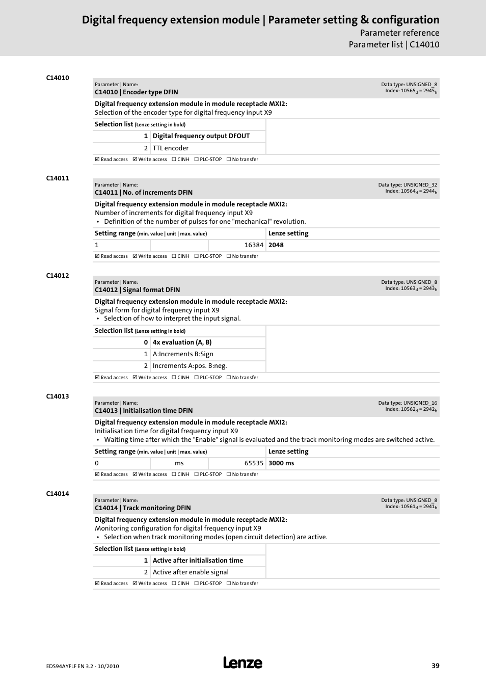 C14010 | encoder type dfin, C14011 | no. of increments dfin, C14012 | signal format dfin | C14013 | initialisation time dfin, C14014 | track monitoring dfin, C14010, C14011, C14012, C14013, C14014 | Lenze E94AYFLF Digital frequency module User Manual | Page 39 / 54