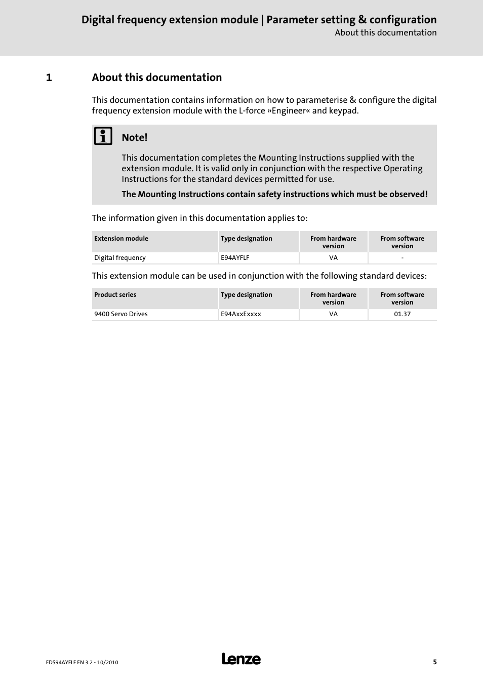 1 about this documentation, About this documentation, 1about this documentation | Lenze E94AYFLF Digital frequency module User Manual | Page 5 / 54