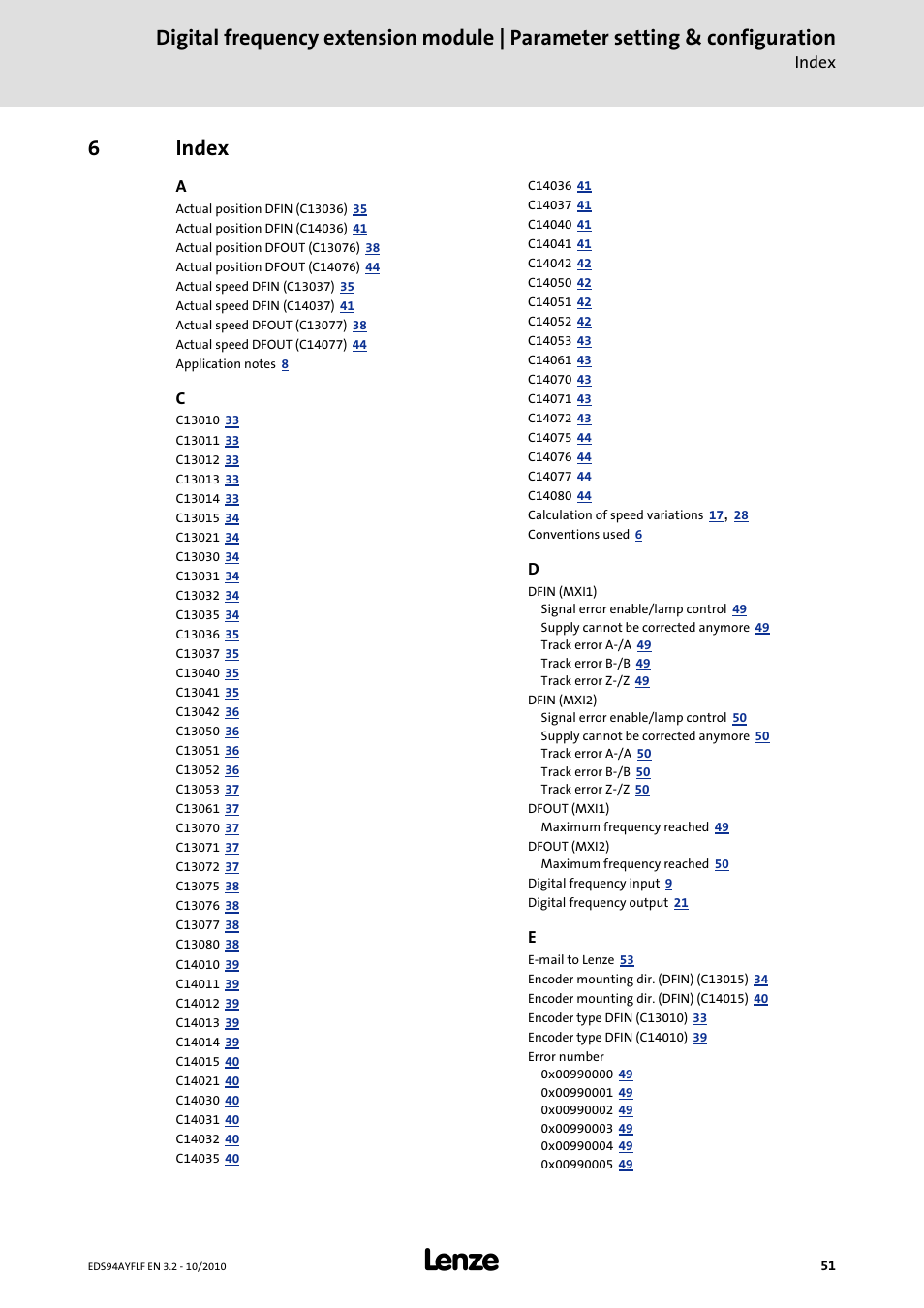 6 index, Index, 6index | Lenze E94AYFLF Digital frequency module User Manual | Page 51 / 54