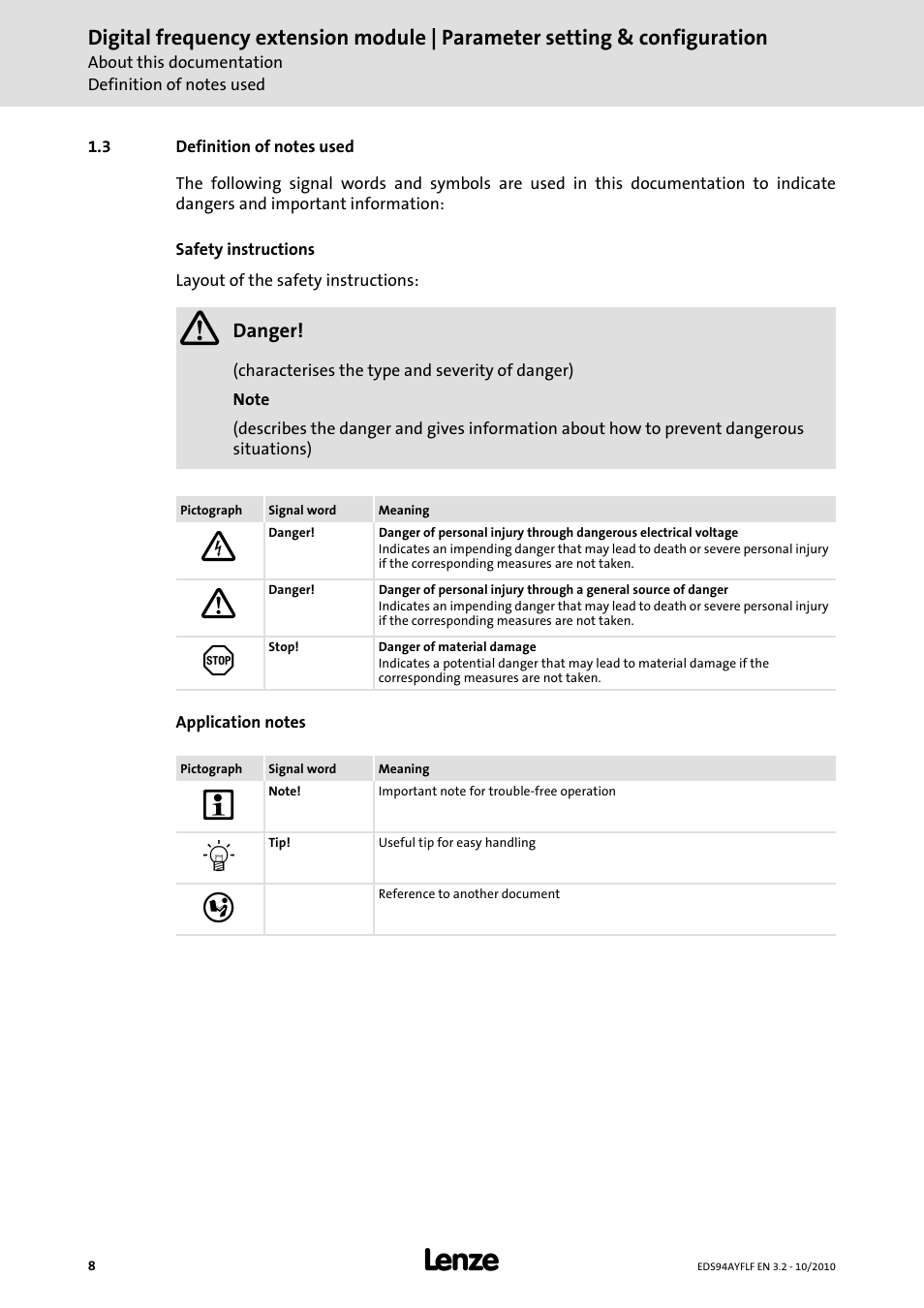 3 definition of notes used | Lenze E94AYFLF Digital frequency module User Manual | Page 8 / 54