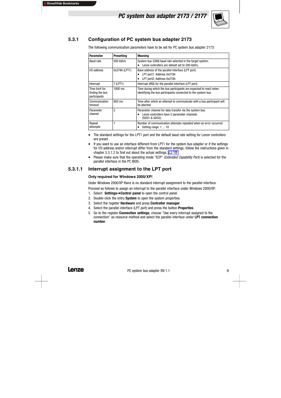 1 pc system bus adapter 2173, Pc system bus adapter 2173, 1 interrupt assignment to the lpt port | Lenze EMF2177IB User Manual | Page 11 / 18