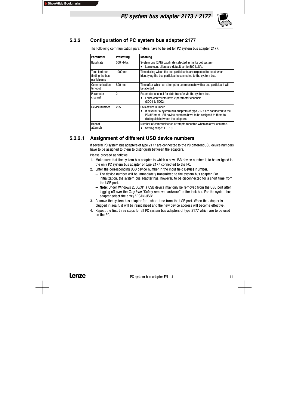 2 pc system bus adapter 2177, Pc system bus adapter 2177, 1 assignment of different usb device numbers | Lenze EMF2177IB User Manual | Page 13 / 18