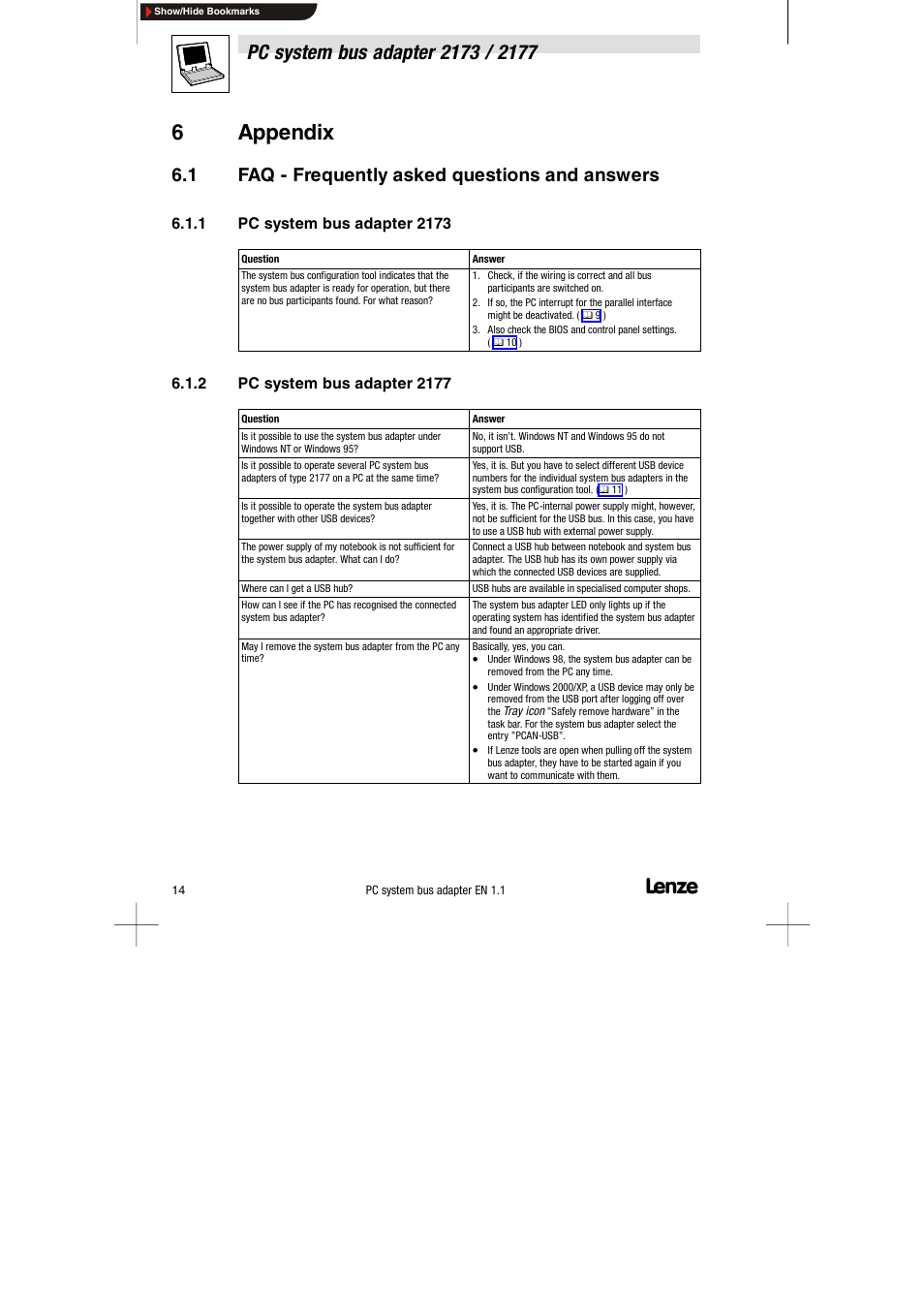 6 appendix, 1 faq - frequently asked questions and answers, 1 pc system bus adapter 2173 | 2 pc system bus adapter 2177, Faq - frequently asked questions and answers, Pc system bus adapter 2173, Pc system bus adapter 2177, 6appendix | Lenze EMF2177IB User Manual | Page 16 / 18