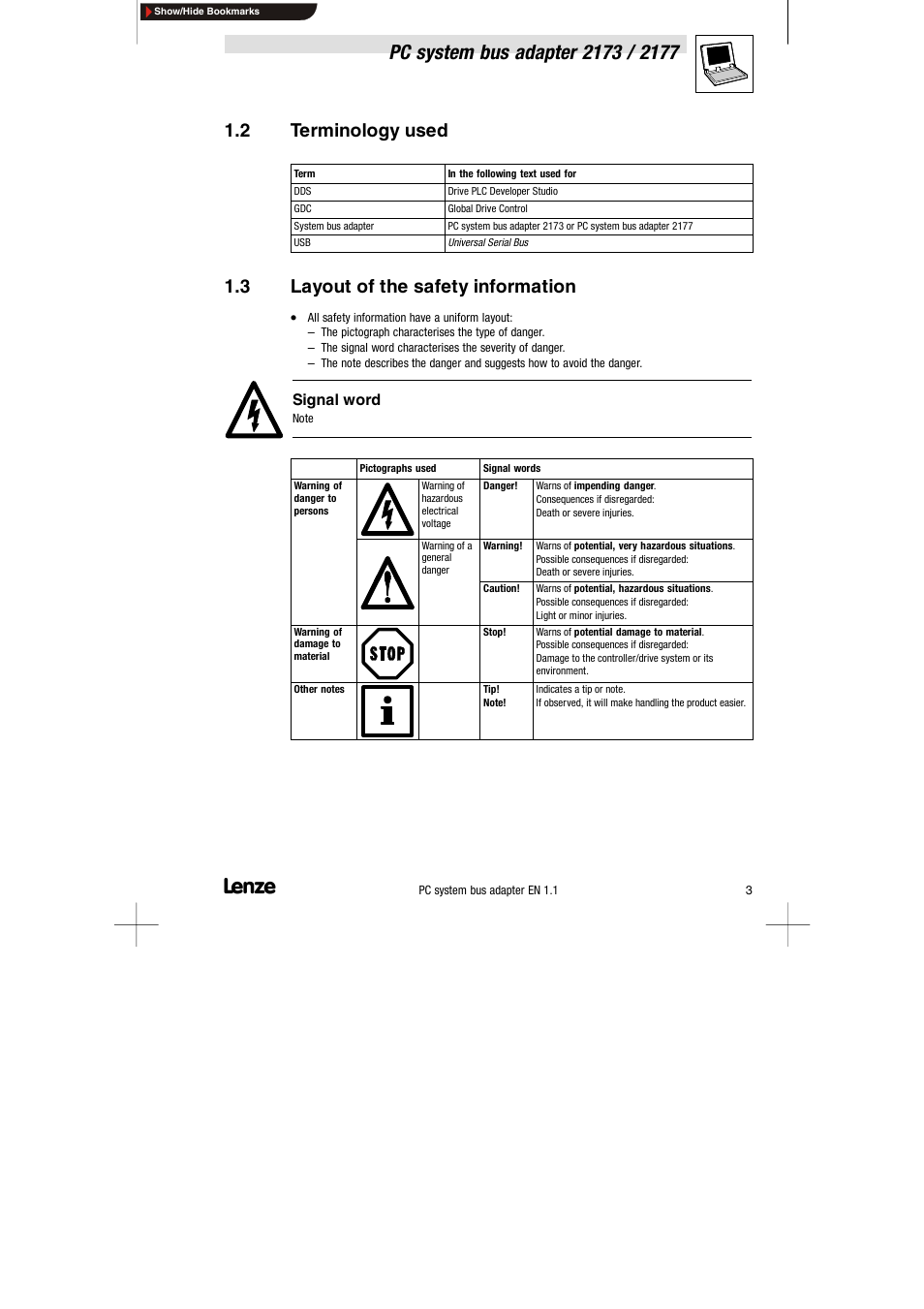 2 terminology used, 3 layout of the safety information, Terminology used | Layout of the safety information, Signal word | Lenze EMF2177IB User Manual | Page 5 / 18