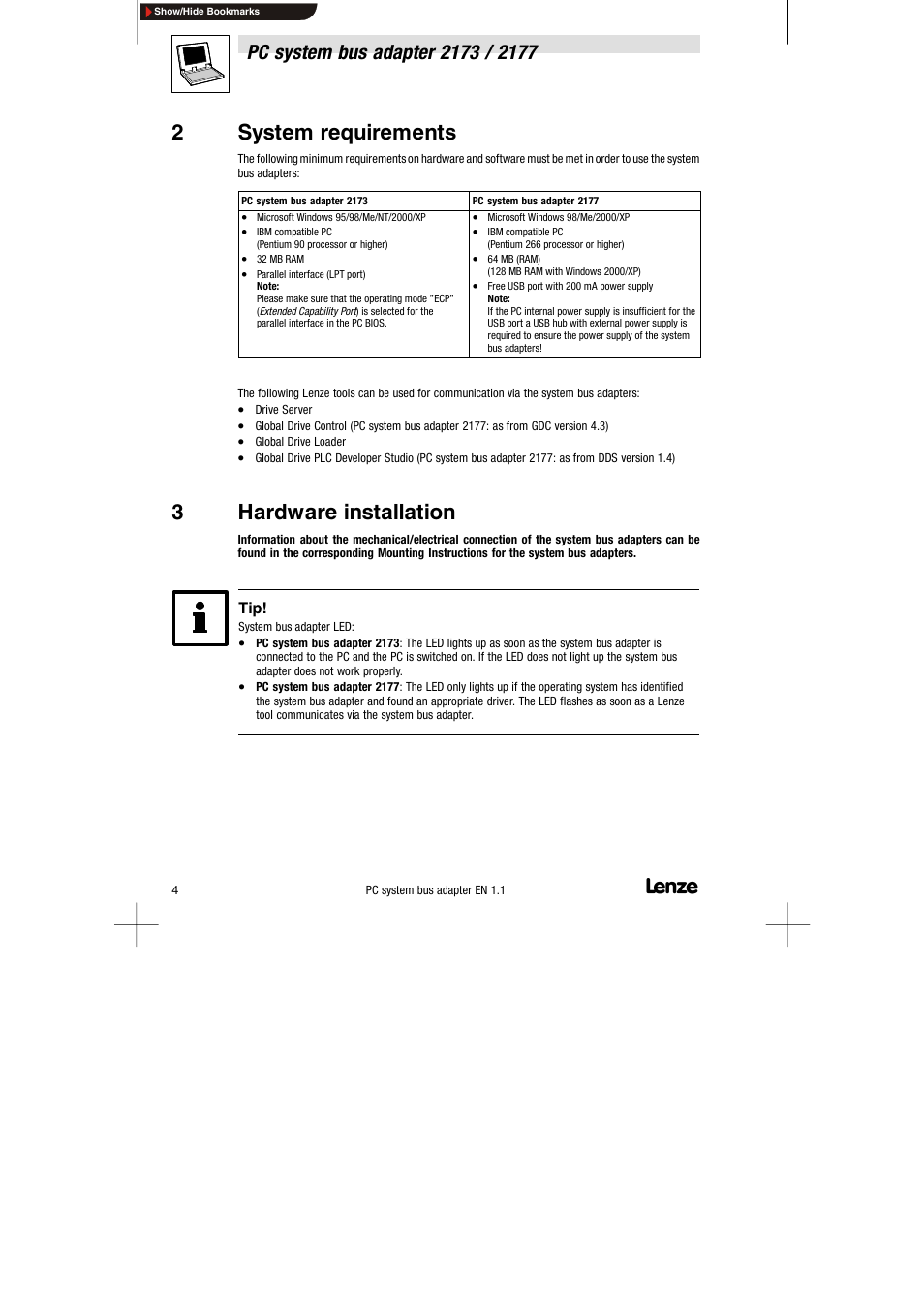 2 system requirements, 3 hardware installation, 2system requirements | 3hardware installation | Lenze EMF2177IB User Manual | Page 6 / 18