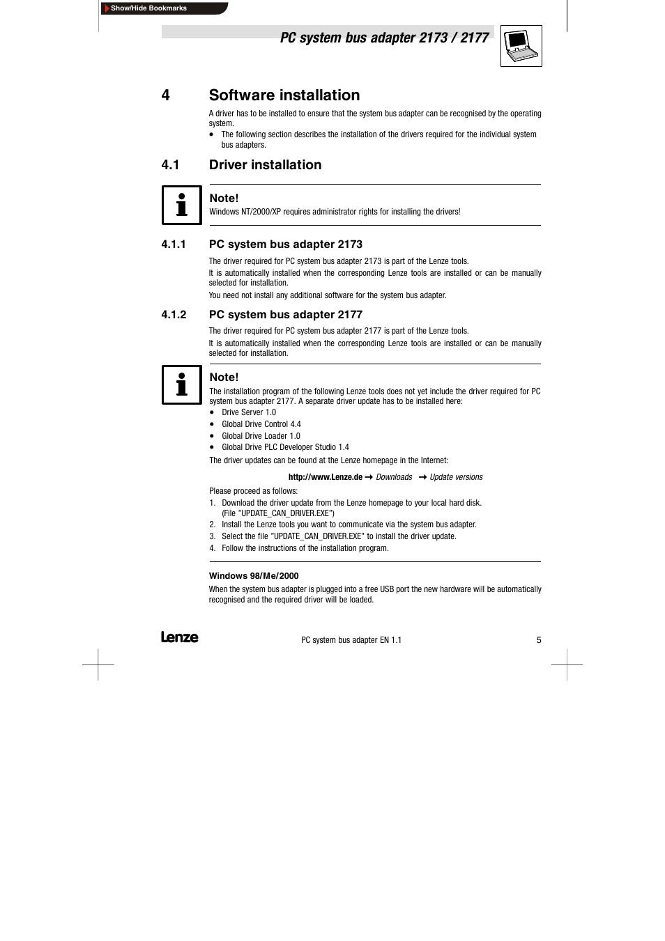 4 software installation, 1 driver installation, 1 pc system bus adapter 2173 | 2 pc system bus adapter 2177, Driver installation, Pc system bus adapter 2173, Pc system bus adapter 2177, 4software installation | Lenze EMF2177IB User Manual | Page 7 / 18