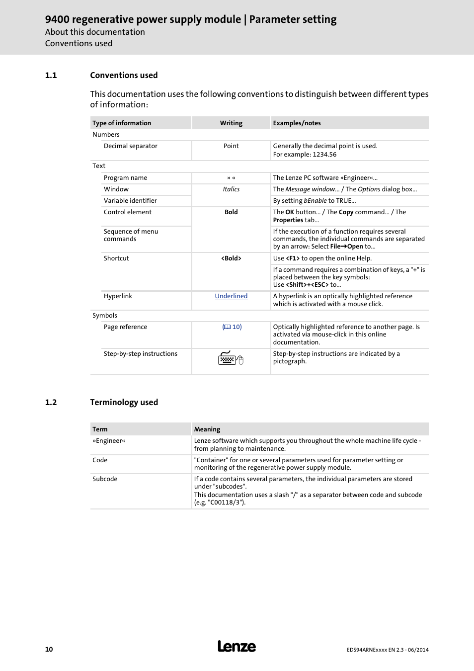 1 conventions used, 2 terminology used, Conventions used | Terminology used | Lenze E94ARNE Regenerative power supply User Manual | Page 10 / 360