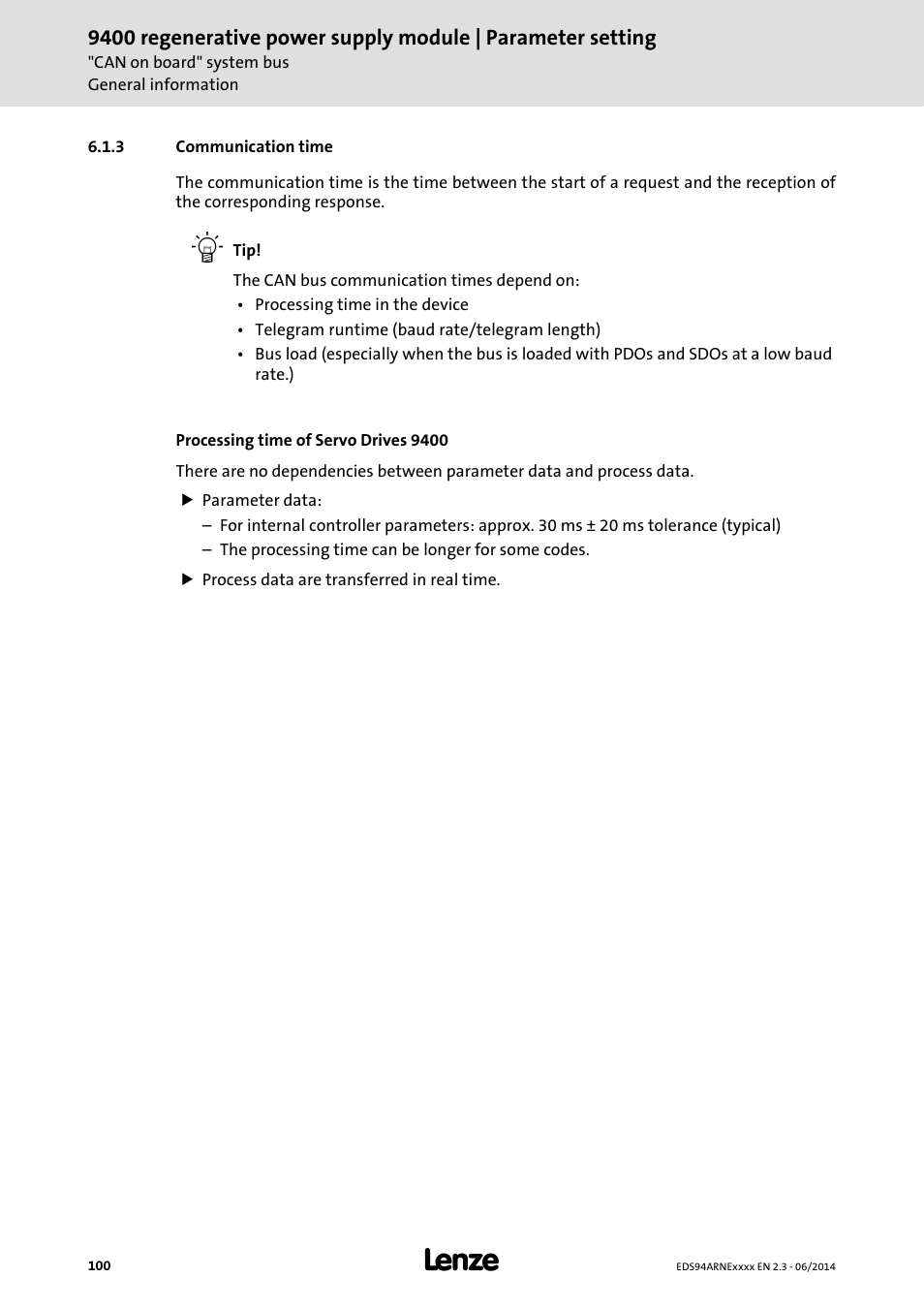 3 communication time, Communication time | Lenze E94ARNE Regenerative power supply User Manual | Page 100 / 360