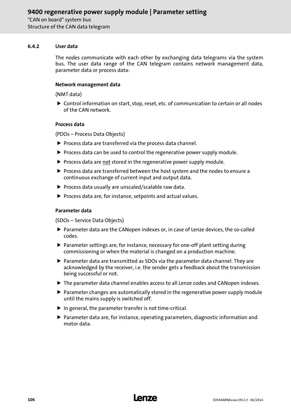 2 user data, User data | Lenze E94ARNE Regenerative power supply User Manual | Page 106 / 360