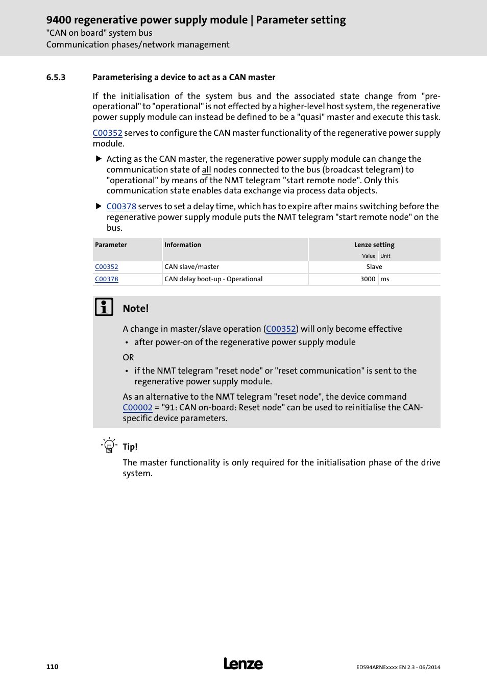 3 parameterising a device to act as a can master, Parameterising a device to act as a can master, Parameterising a device to | Act as a can master | Lenze E94ARNE Regenerative power supply User Manual | Page 110 / 360