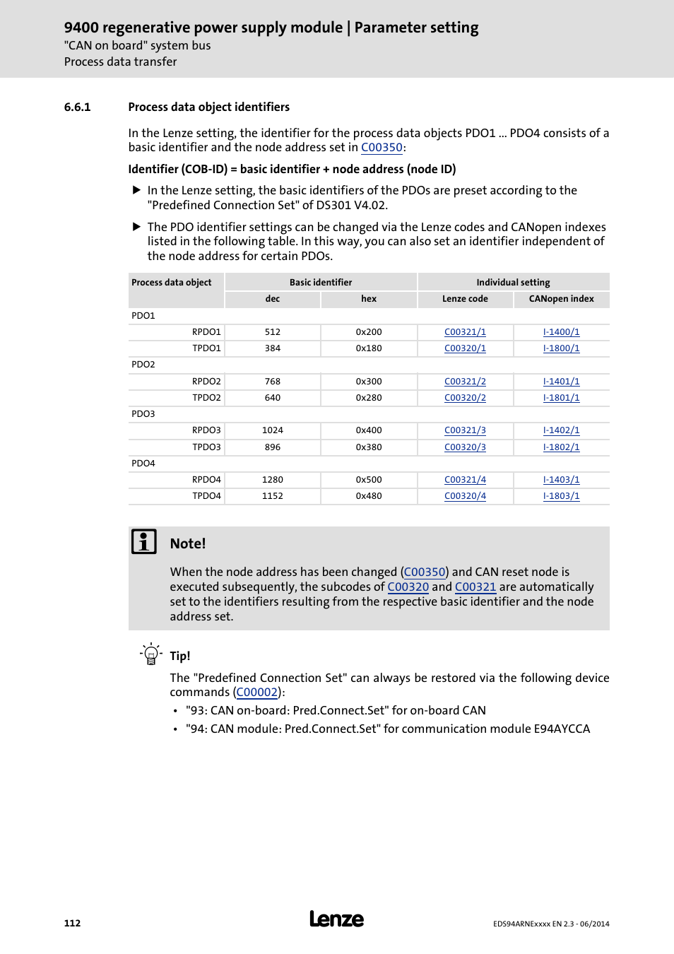 1 process data object identifiers, Process data object identifiers | Lenze E94ARNE Regenerative power supply User Manual | Page 112 / 360