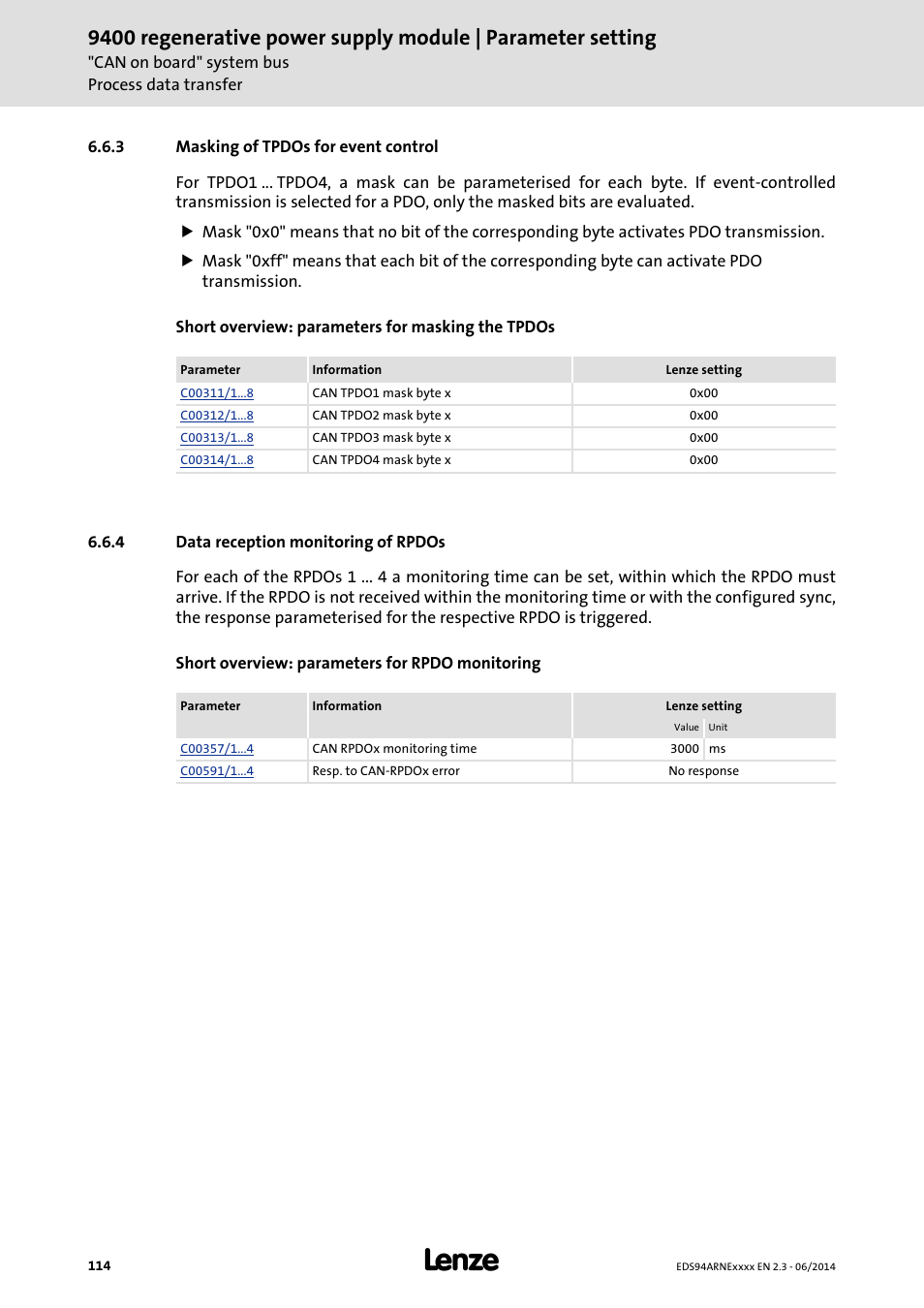 3 masking of tpdos for event control, 4 data reception monitoring of rpdos, Masking of tpdos for event control | Data reception monitoring of rpdos | Lenze E94ARNE Regenerative power supply User Manual | Page 114 / 360