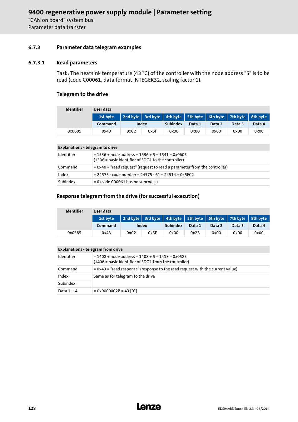 3 parameter data telegram examples, 1 read parameters, Parameter data telegram examples | Read parameters | Lenze E94ARNE Regenerative power supply User Manual | Page 128 / 360