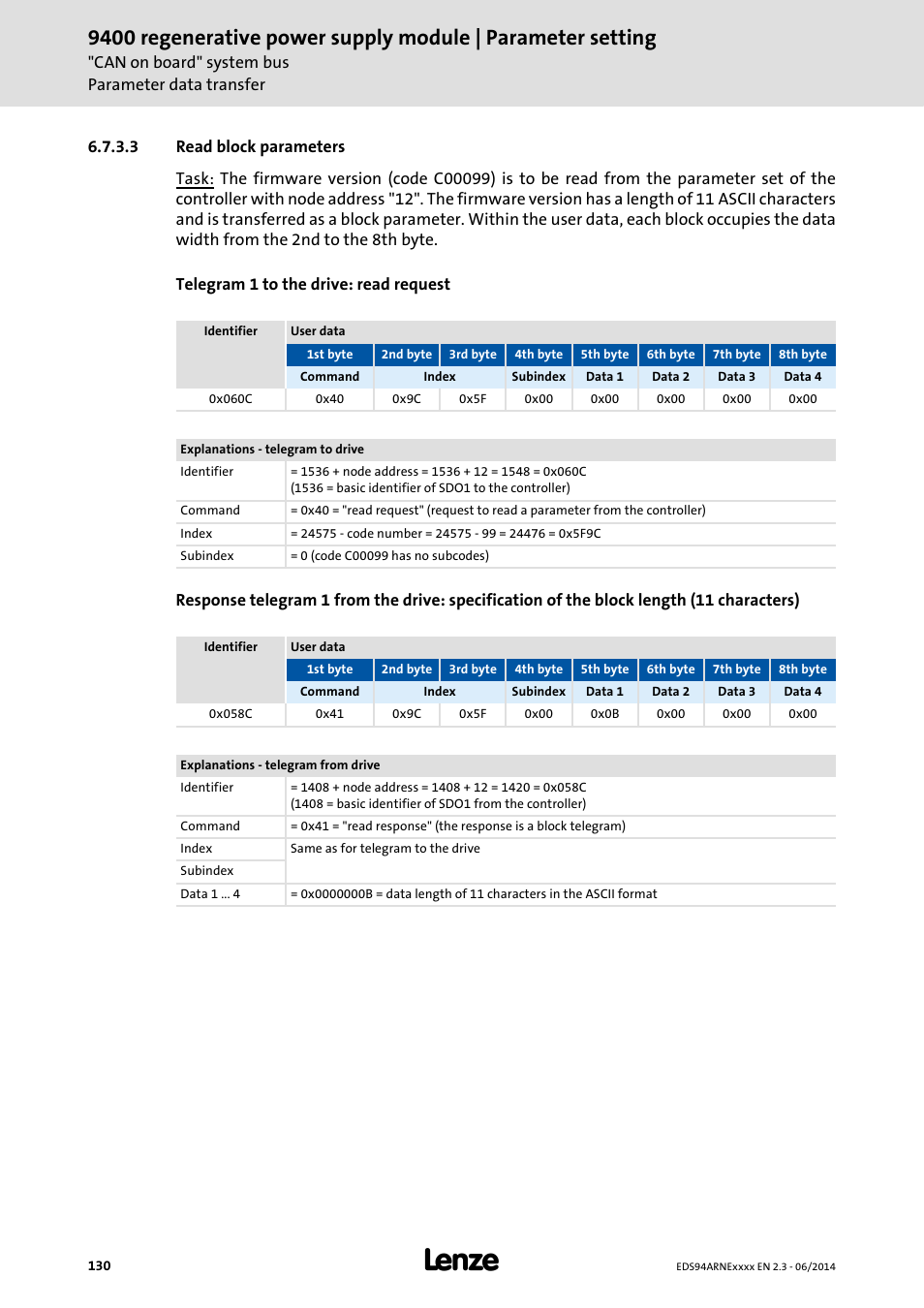 3 read block parameters, Read block parameters | Lenze E94ARNE Regenerative power supply User Manual | Page 130 / 360