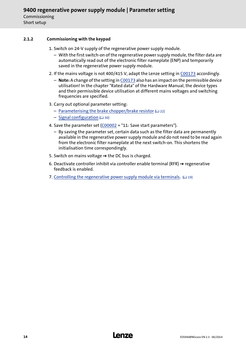 2 commissioning with the keypad, Commissioning with the keypad | Lenze E94ARNE Regenerative power supply User Manual | Page 14 / 360