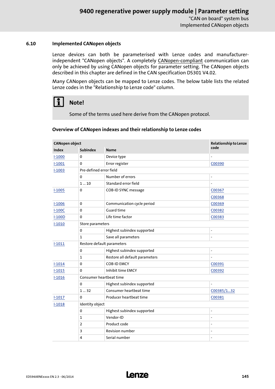 10 implemented canopen objects, Implemented canopen objects | Lenze E94ARNE Regenerative power supply User Manual | Page 145 / 360