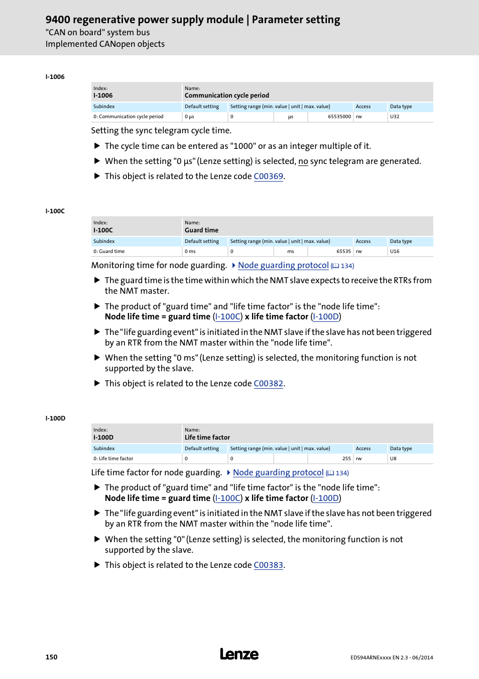 I-1006, I-100c, I-100d | Lenze E94ARNE Regenerative power supply User Manual | Page 150 / 360