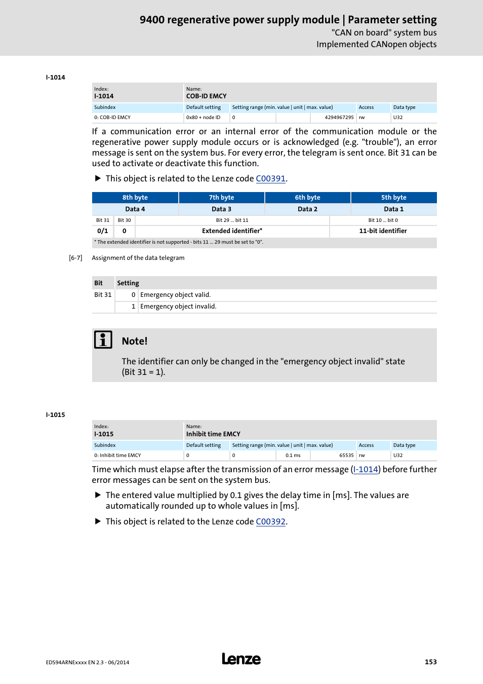 I-1014, I-1015 | Lenze E94ARNE Regenerative power supply User Manual | Page 153 / 360