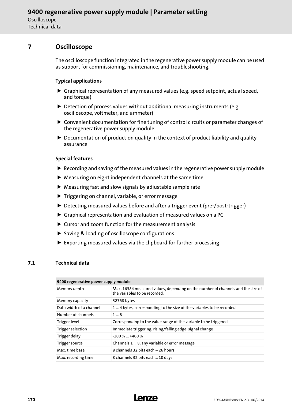 7 oscilloscope, 1 technical data, Oscilloscope | Technical data, 7oscilloscope | Lenze E94ARNE Regenerative power supply User Manual | Page 170 / 360