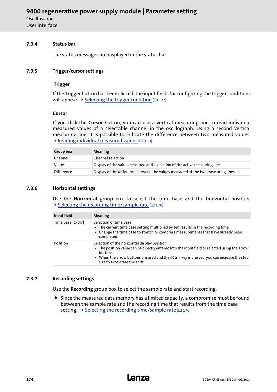 4 status bar, 5 trigger/cursor settings, 6 horizontal settings | 7 recording settings, Status bar, Trigger/cursor settings, Horizontal settings, Recording settings | Lenze E94ARNE Regenerative power supply User Manual | Page 174 / 360