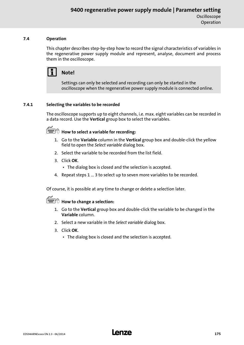 4 operation, 1 selecting the variables to be recorded, Operation | Selecting the variables to be recorded | Lenze E94ARNE Regenerative power supply User Manual | Page 175 / 360