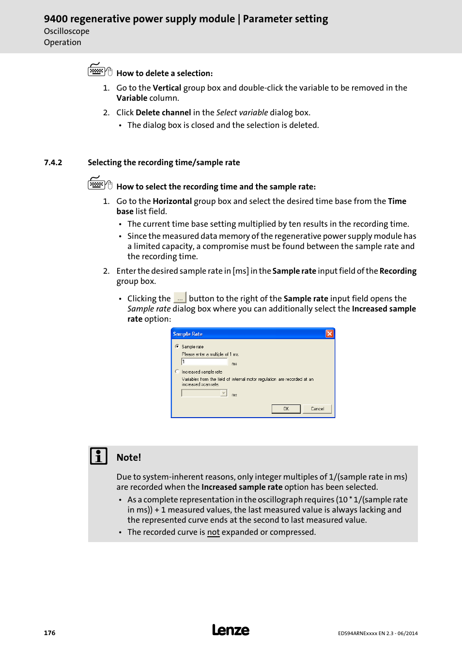 2 selecting the recording time/sample rate, Selecting the recording time/sample rate | Lenze E94ARNE Regenerative power supply User Manual | Page 176 / 360