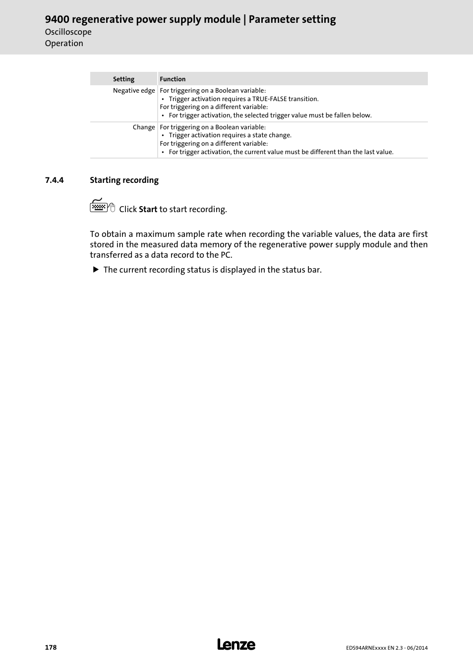 4 starting recording, Starting recording | Lenze E94ARNE Regenerative power supply User Manual | Page 178 / 360