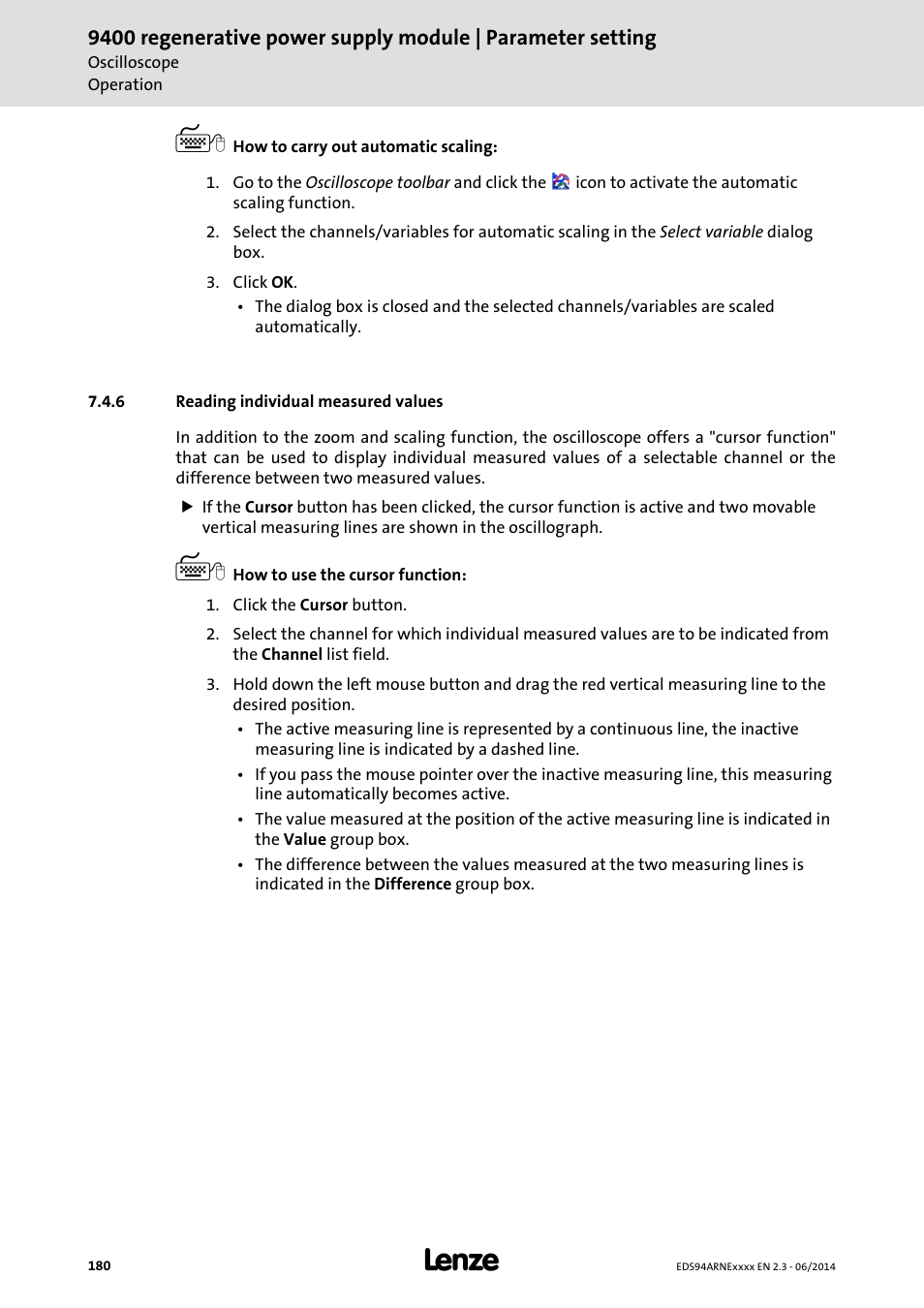 6 reading individual measured values, Reading individual measured values | Lenze E94ARNE Regenerative power supply User Manual | Page 180 / 360