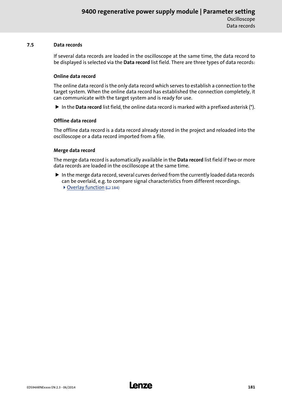 5 data records, Data records, Data record selection | Lenze E94ARNE Regenerative power supply User Manual | Page 181 / 360