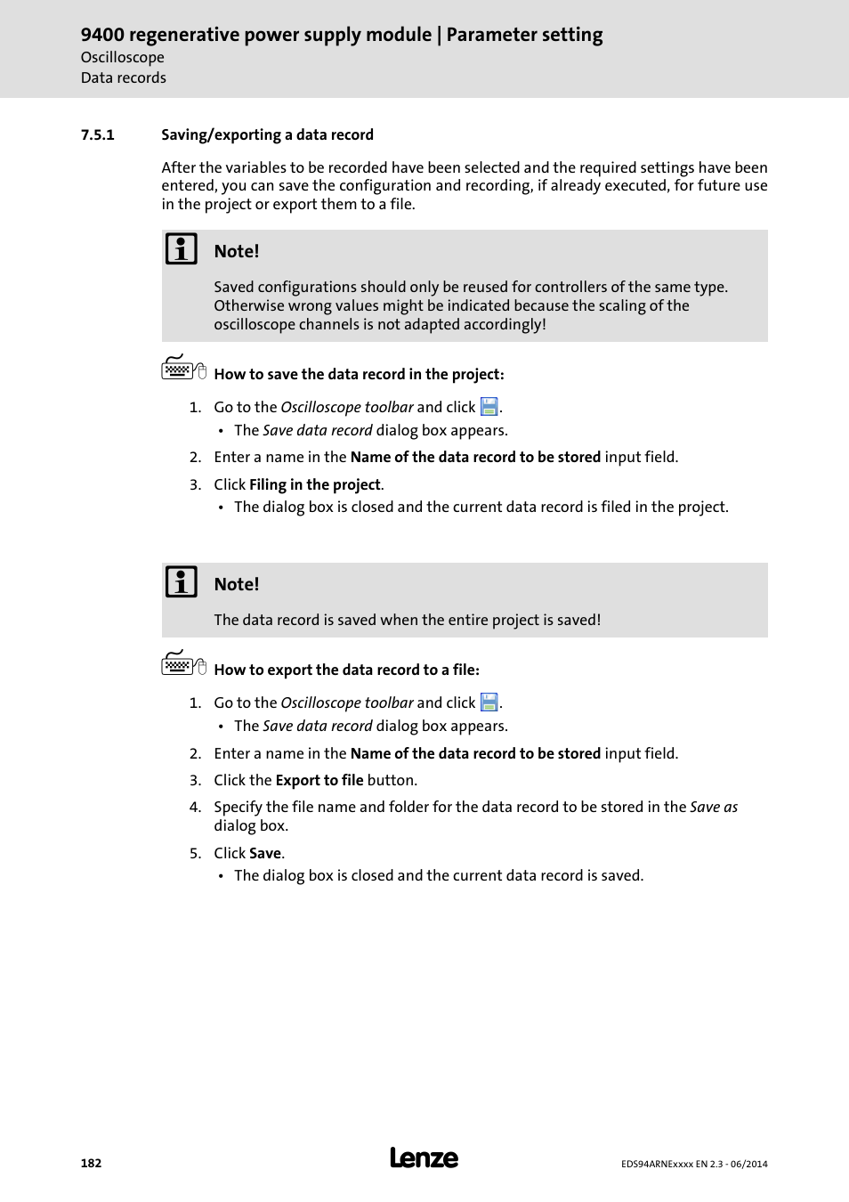 1 saving/exporting a data record, Saving/exporting a data record, Saving/exporting a data record ( 182) | Lenze E94ARNE Regenerative power supply User Manual | Page 182 / 360