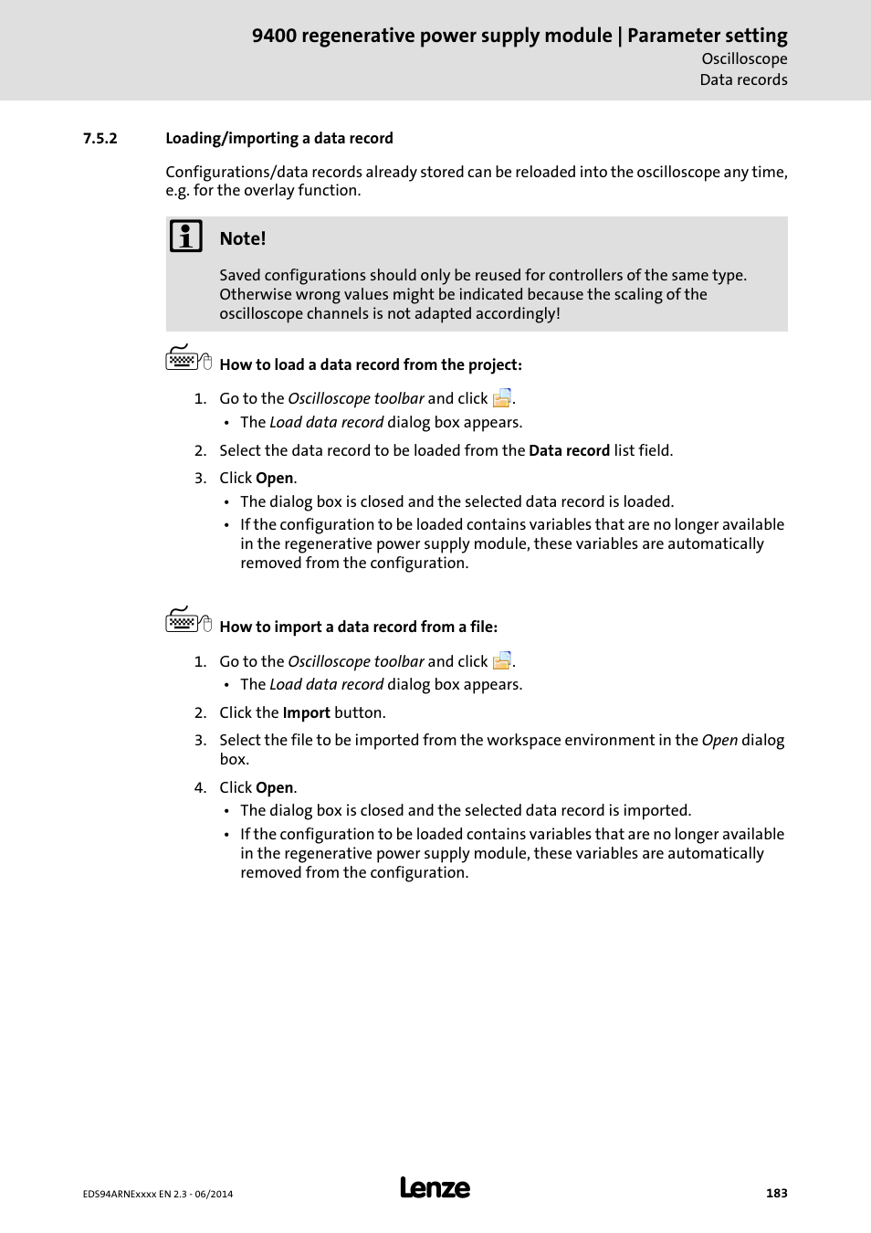 2 loading/importing a data record, Loading/importing a data record, Loading/importing a data record ( 183) | Lenze E94ARNE Regenerative power supply User Manual | Page 183 / 360