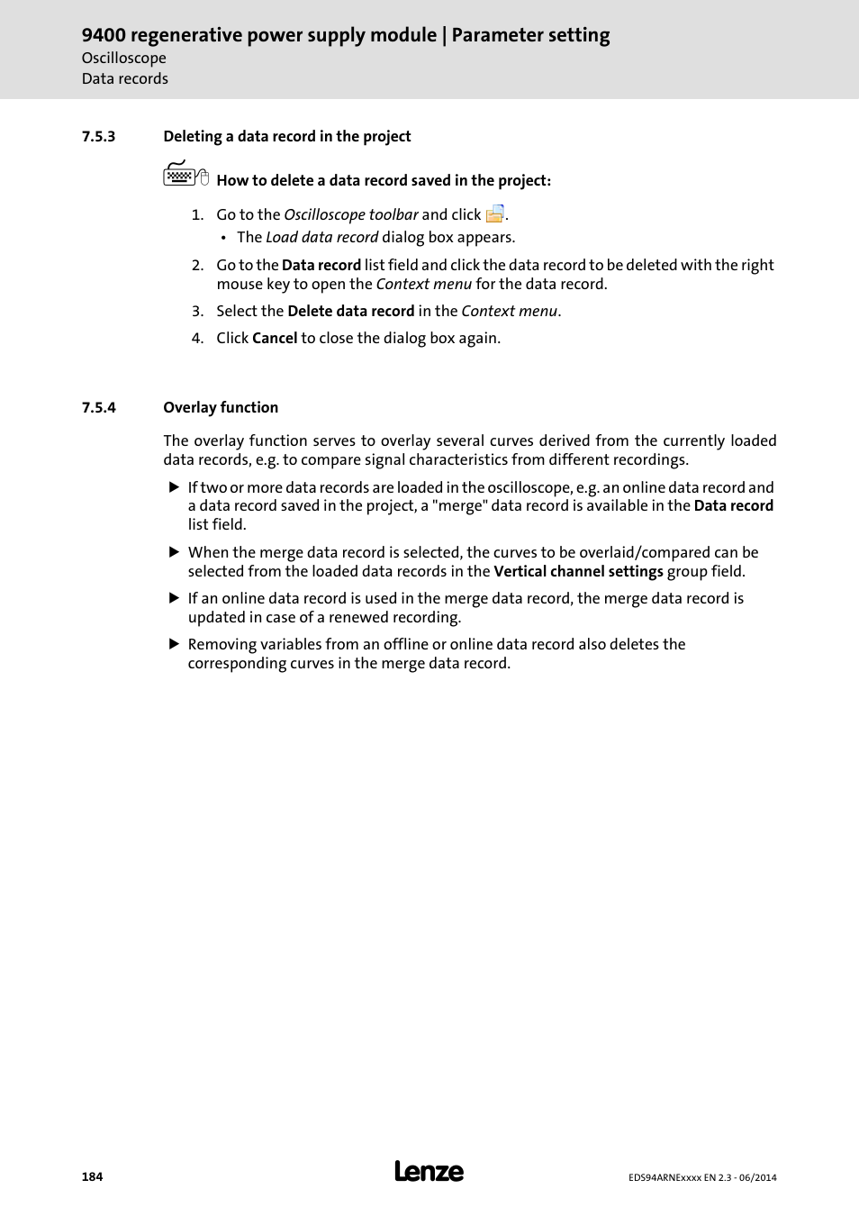 3 deleting a data record in the project, 4 overlay function, Deleting a data record in the project | Overlay function | Lenze E94ARNE Regenerative power supply User Manual | Page 184 / 360