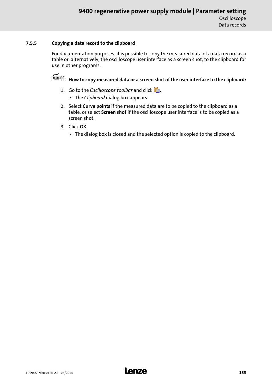 5 copying a data record to the clipboard, Copying a data record to the clipboard, Copying a data record to the clipboard ( 185) | Lenze E94ARNE Regenerative power supply User Manual | Page 185 / 360