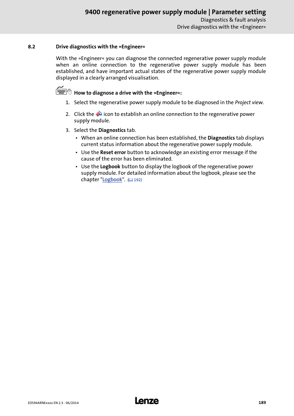 2 drive diagnostics with the »engineer, Drive diagnostics with the »engineer | Lenze E94ARNE Regenerative power supply User Manual | Page 189 / 360