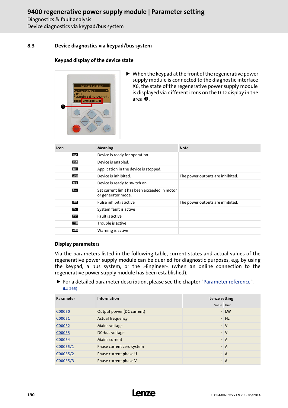 3 device diagnostics via keypad/bus system, Device diagnostics via keypad/bus system | Lenze E94ARNE Regenerative power supply User Manual | Page 190 / 360