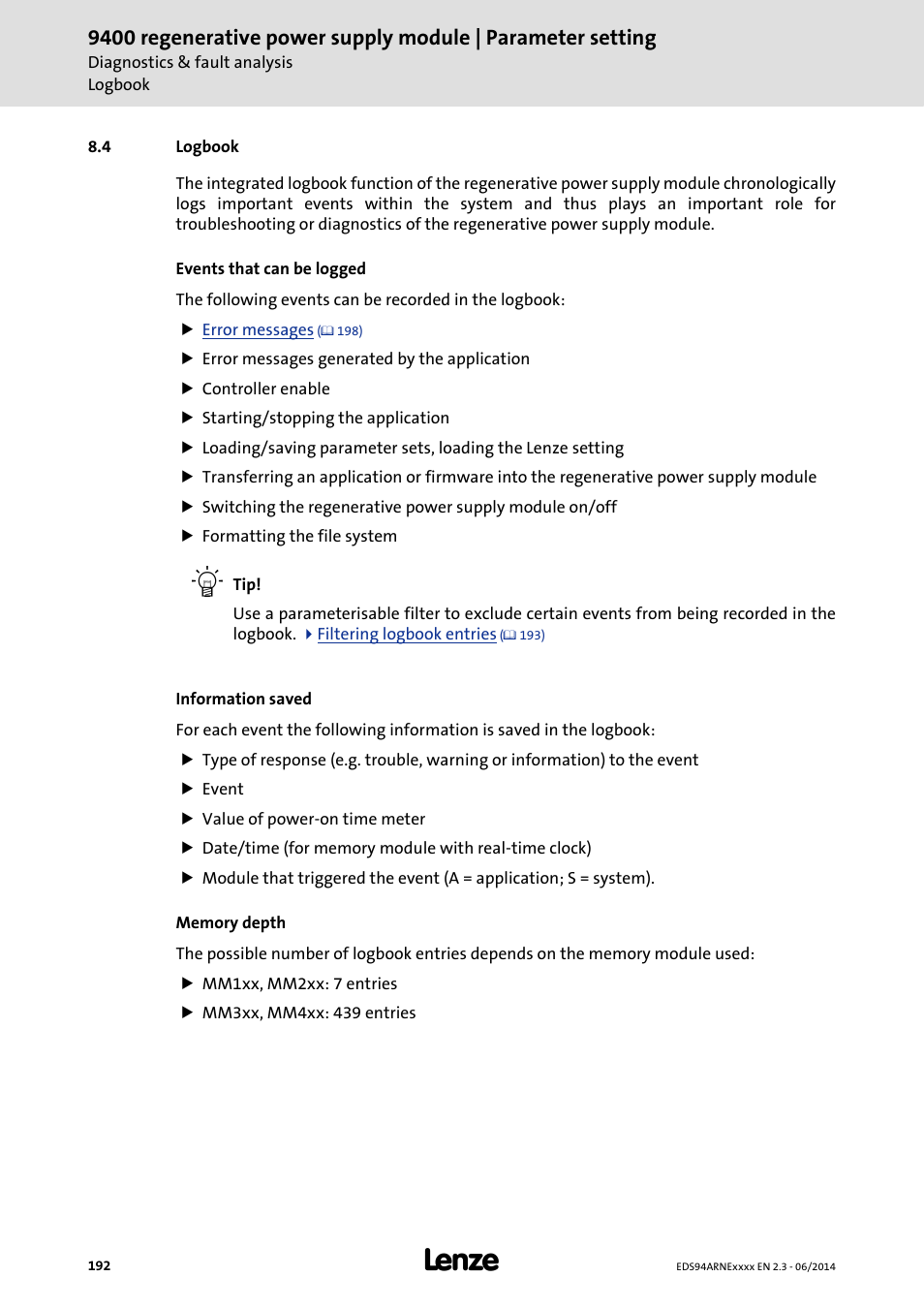 4 logbook, Logbook | Lenze E94ARNE Regenerative power supply User Manual | Page 192 / 360