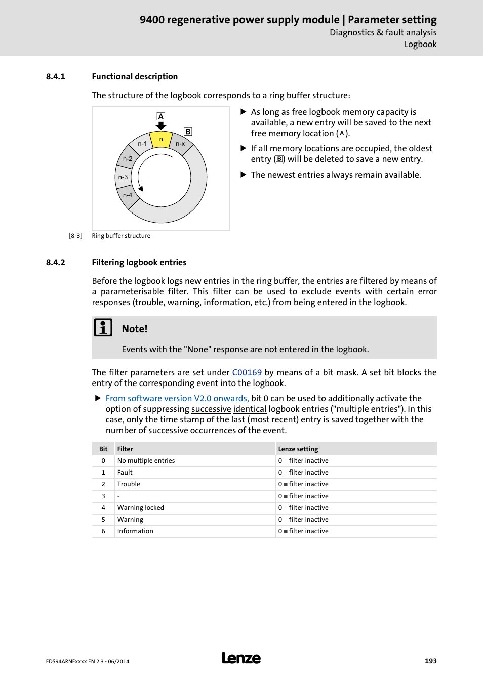 1 functional description, 2 filtering logbook entries, Functional description | Filtering logbook entries, Logbook | Lenze E94ARNE Regenerative power supply User Manual | Page 193 / 360