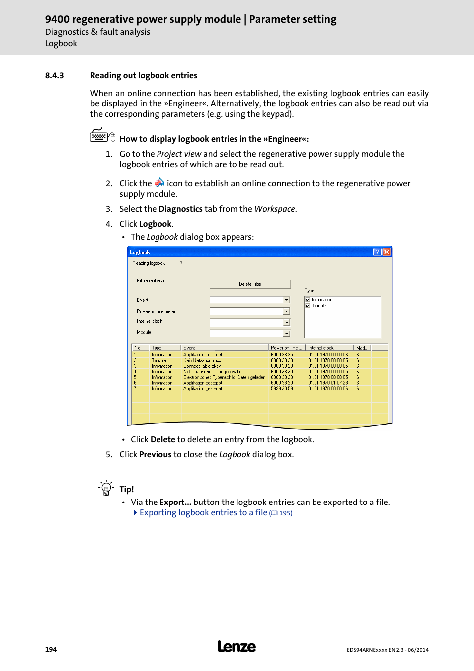 3 reading out logbook entries, Reading out logbook entries | Lenze E94ARNE Regenerative power supply User Manual | Page 194 / 360