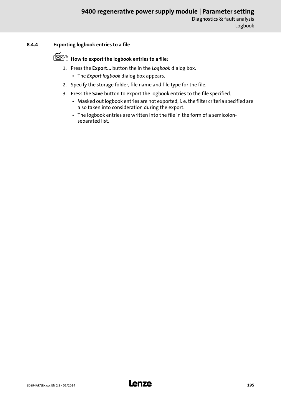4 exporting logbook entries to a file, Exporting logbook entries to a file | Lenze E94ARNE Regenerative power supply User Manual | Page 195 / 360