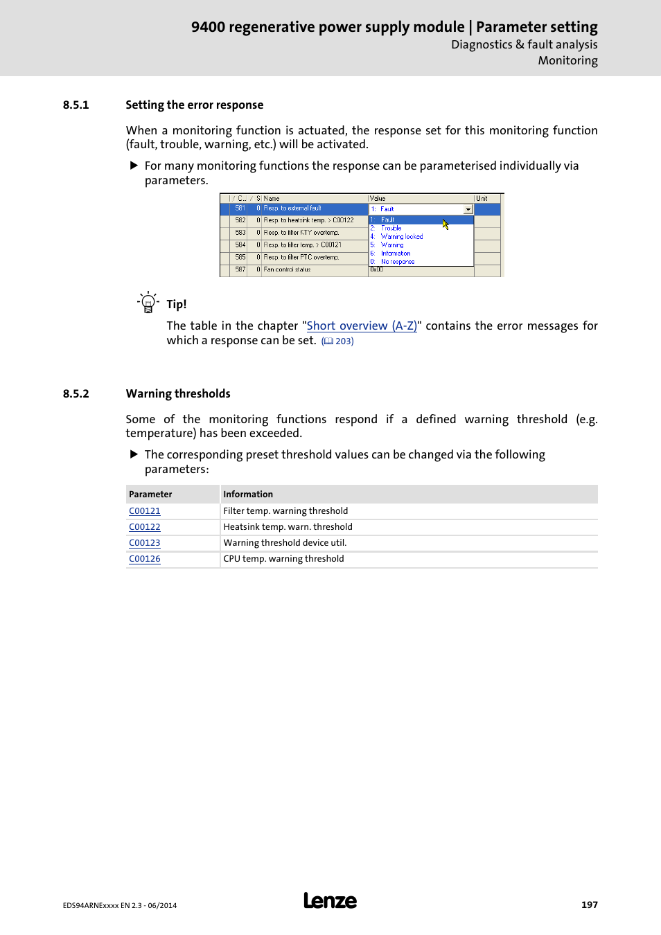 1 setting the error response, 2 warning thresholds, Setting the error response | Warning thresholds | Lenze E94ARNE Regenerative power supply User Manual | Page 197 / 360