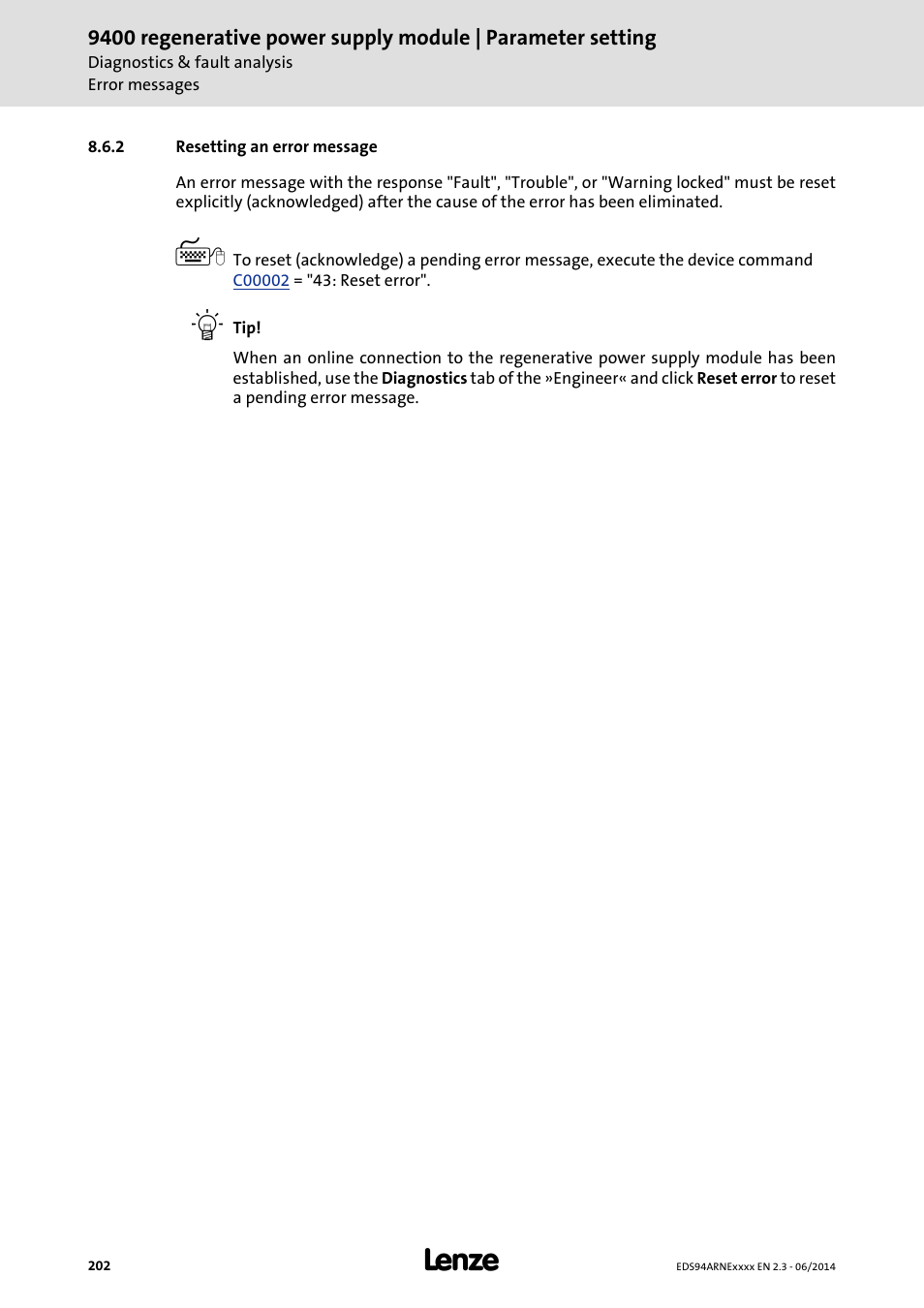 2 resetting an error message, Resetting an error message | Lenze E94ARNE Regenerative power supply User Manual | Page 202 / 360