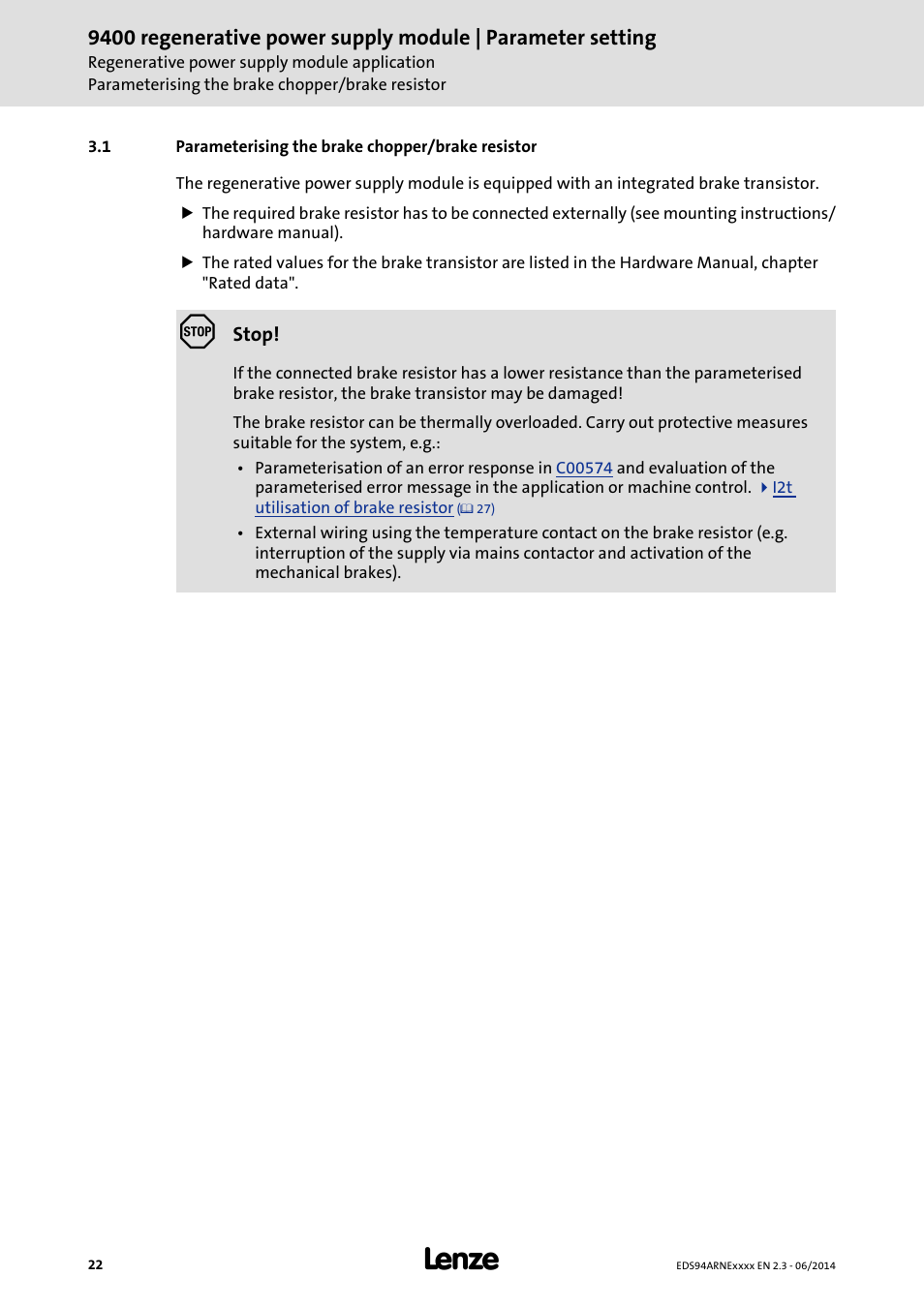 1 parameterising the brake chopper/brake resistor, Parameterising the brake chopper/brake resistor | Lenze E94ARNE Regenerative power supply User Manual | Page 22 / 360